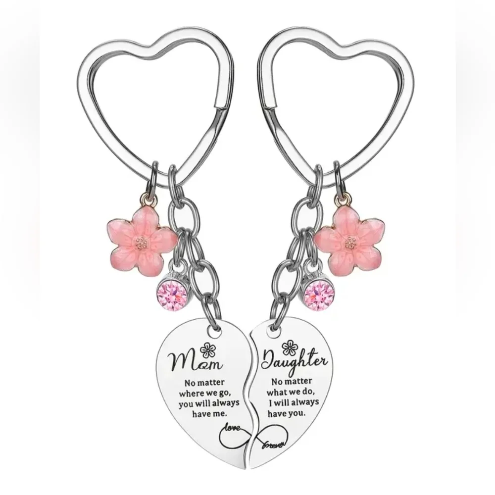 Heart-Shaped Mom Daughter Keychains with Pink Flowers